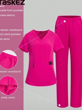 SHEIN Hot Pink Women's V-Neck Scrub Set - Straight Leg Pants